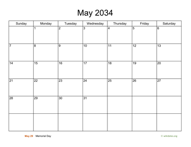 Basic Calendar for May 2034