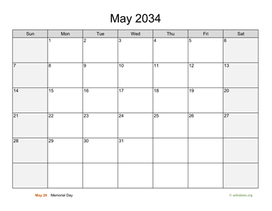 May 2034 Calendar with Weekend Shaded