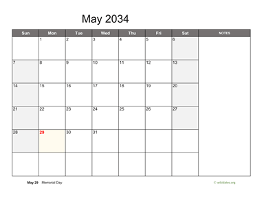 May 2034 Calendar with Notes