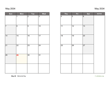 May 2034 Calendar on two pages