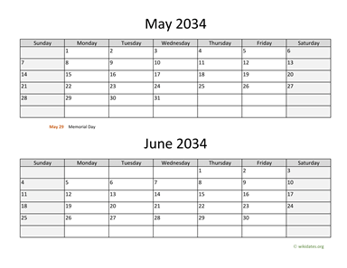 May and June 2034 Calendar Horizontal