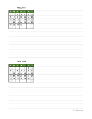 May and June 2034 Calendar with Notes