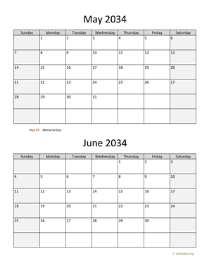 May and June 2034 Calendar Vertical