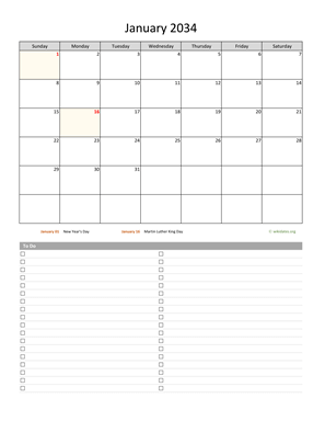 Monthly 2034 Calendar with To-Do List