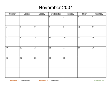 Basic Calendar for November 2034