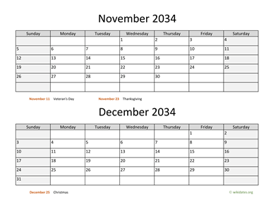 November and December 2034 Calendar Horizontal