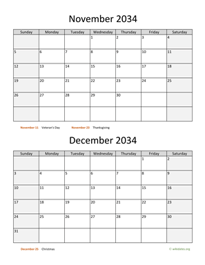 November and December 2034 Calendar Vertical