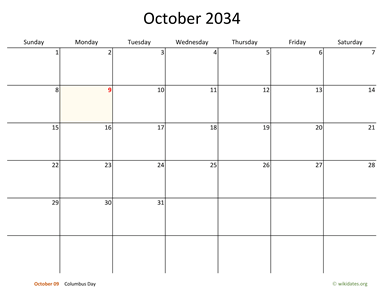 October 2034 Calendar with Bigger boxes