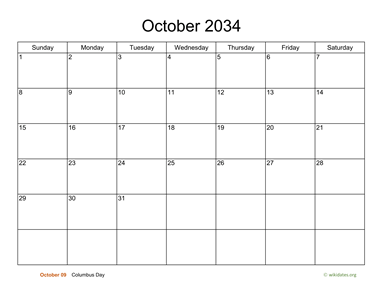 Basic Calendar for October 2034