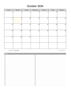 October 2034 Calendar with To-Do List
