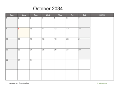 October 2034 Calendar with Notes