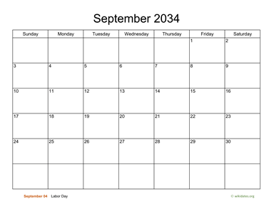 Basic Calendar for September 2034