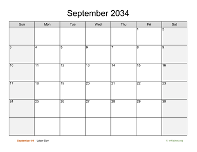 September 2034 Calendar with Weekend Shaded