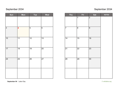 September 2034 Calendar on two pages