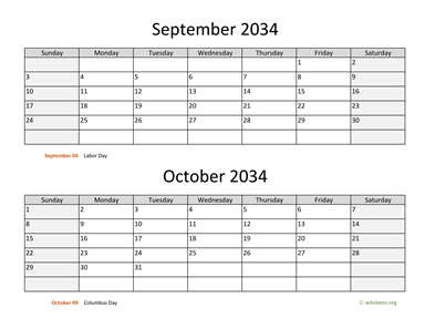 September and October 2034 Calendar Horizontal