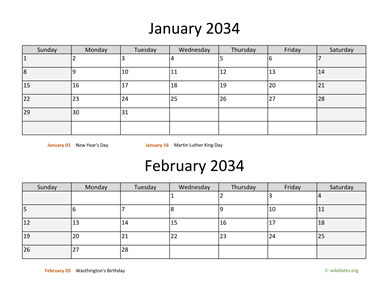 Two Months 2034 Calendar Horizontal