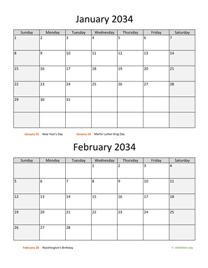 Two Months 2034 Calendar Vertical