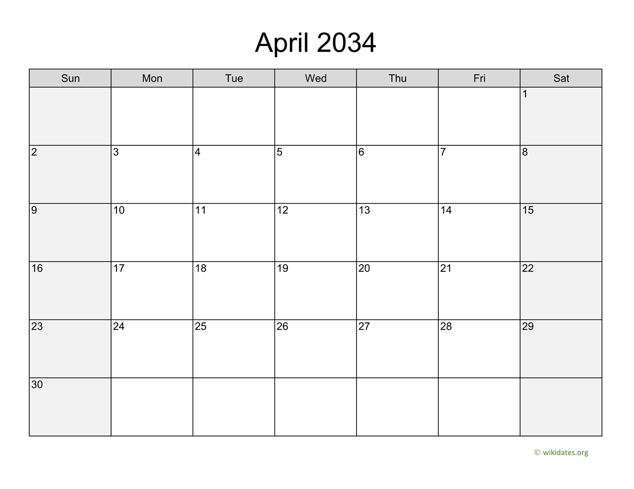April 2034 Calendar with Weekend Shaded | WikiDates.org