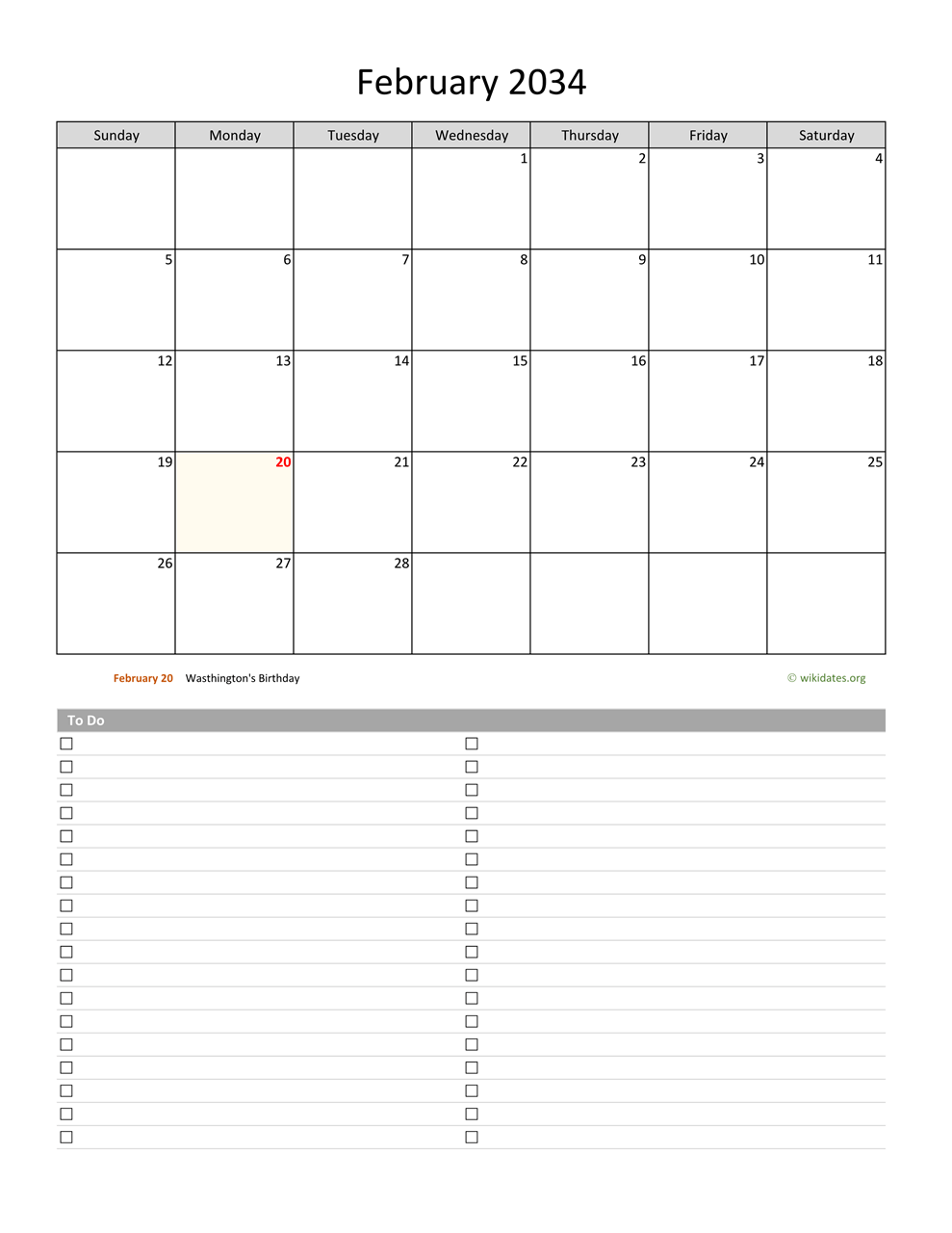 February 2034 Calendar with ToDo List