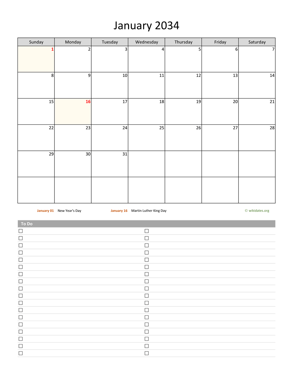 Monthly 2034 Calendar With To Do List