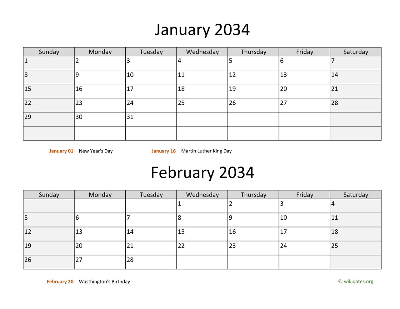 Printable BiMonthly 2034 Calendar