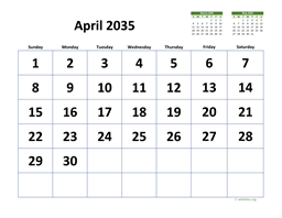 April 2035 Calendar with Extra-large Dates