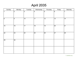 Basic Calendar for April 2035