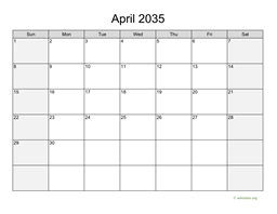 April 2035 Calendar with Weekend Shaded