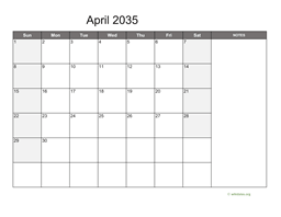 April 2035 Calendar with Notes