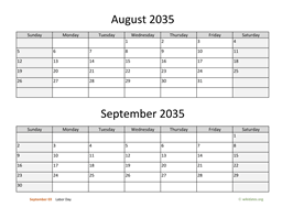 August and September 2035 Calendar