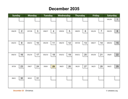 December 2035 Calendar with Day Numbers