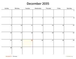 December 2035 Calendar with Bigger boxes