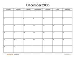 Basic Calendar for December 2035