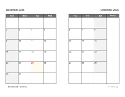December 2035 Calendar on two pages