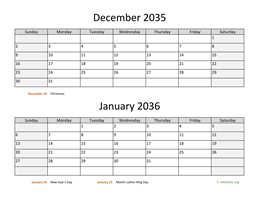 December 2035 and January 2036 Calendar