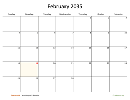 February 2035 Calendar with Bigger boxes