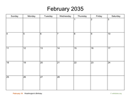 Basic Calendar for February 2035