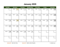 January 2035 Calendar with Day Numbers
