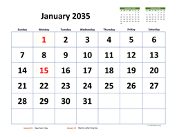 January 2035 Calendar with Extra-large Dates
