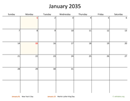 January 2035 Calendar with Bigger boxes