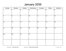 Basic Calendar for January 2035
