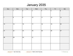 January 2035 Calendar with Weekend Shaded