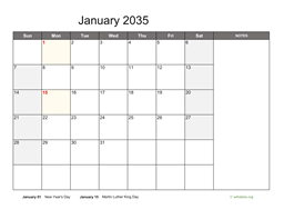 January 2035 Calendar with Notes