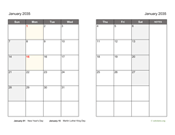January 2035 Calendar on two pages