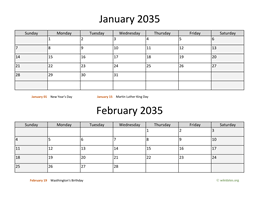 January and February 2035 Calendar