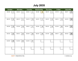 July 2035 Calendar with Day Numbers