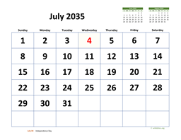 July 2035 Calendar with Extra-large Dates