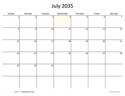 July 2035 Calendar with Bigger boxes