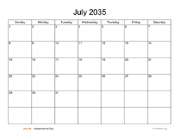 Basic Calendar for July 2035