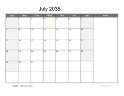 July 2035 Calendar with Notes